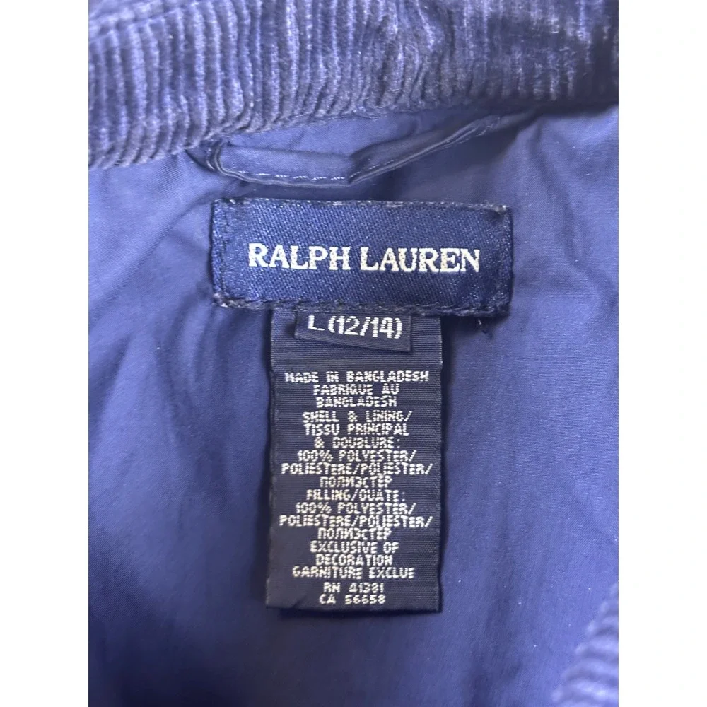 Ralph Lauren Kids Navy Blue Quilted Barn Jacket Corduroy Collar Large 12/14